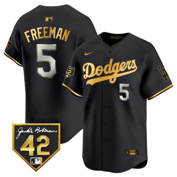 Men%27s Los Angeles Dodgers #5 Freddie Freeman Black Gold With Jackie Robinson Patch Limited Stitched Jersey Dzhi->los angeles dodgers->MLB Jersey